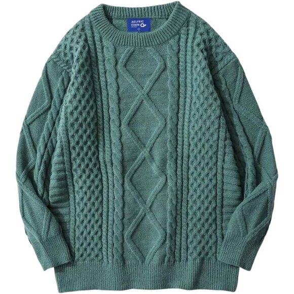 Sweaters - Cable Knit Sweater Women Men Cotton Cream Green Oversized Casual Warm